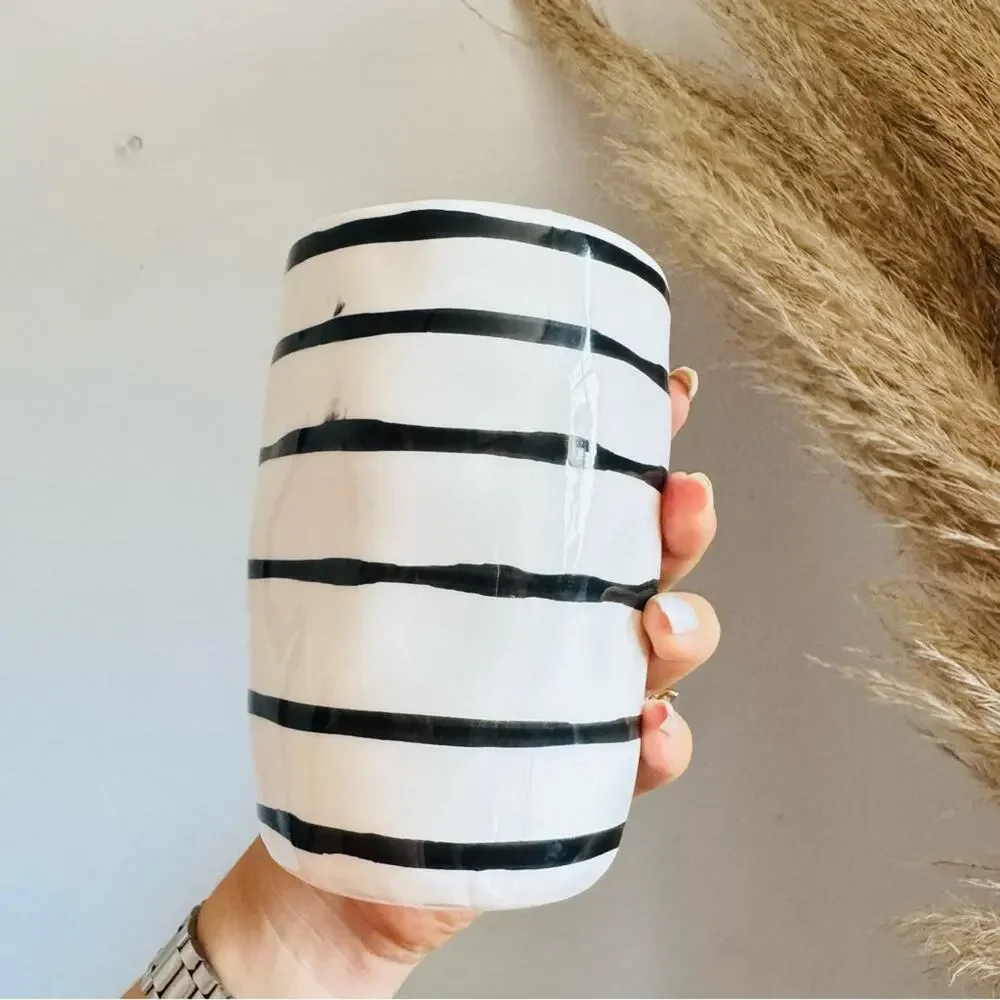 VINTAGE ANTHROPOLOGIE White Black Striped Gloss Ceramic Vase Planter Flower Pot